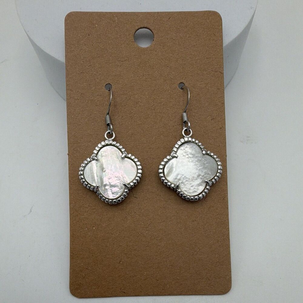 Silver Tone Faux Mother of Pearl/Abalone Clover Dangle Drop Earrings Hook